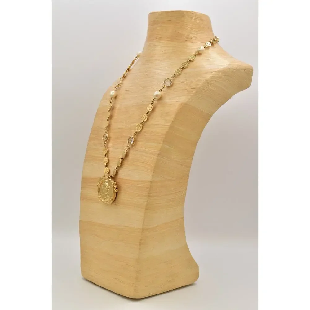 Vintage Open Bezel Crystal Coin Necklace Station Pearl Chain Gold 1980s BinBN